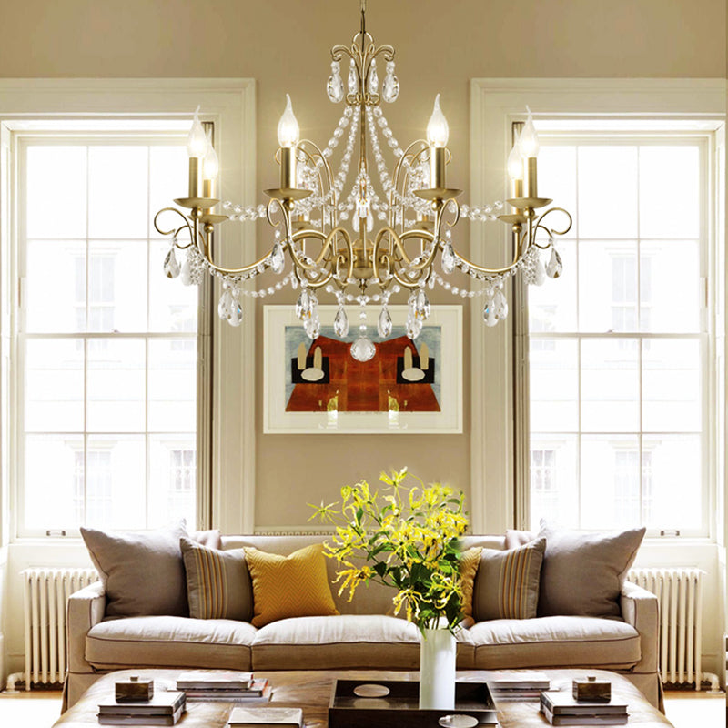 Vintage Style Bare Bulb Chandelier Pendant Light Metallic 3/6 Heads Hanging Lamp with Clear Crystal in Gold Finish