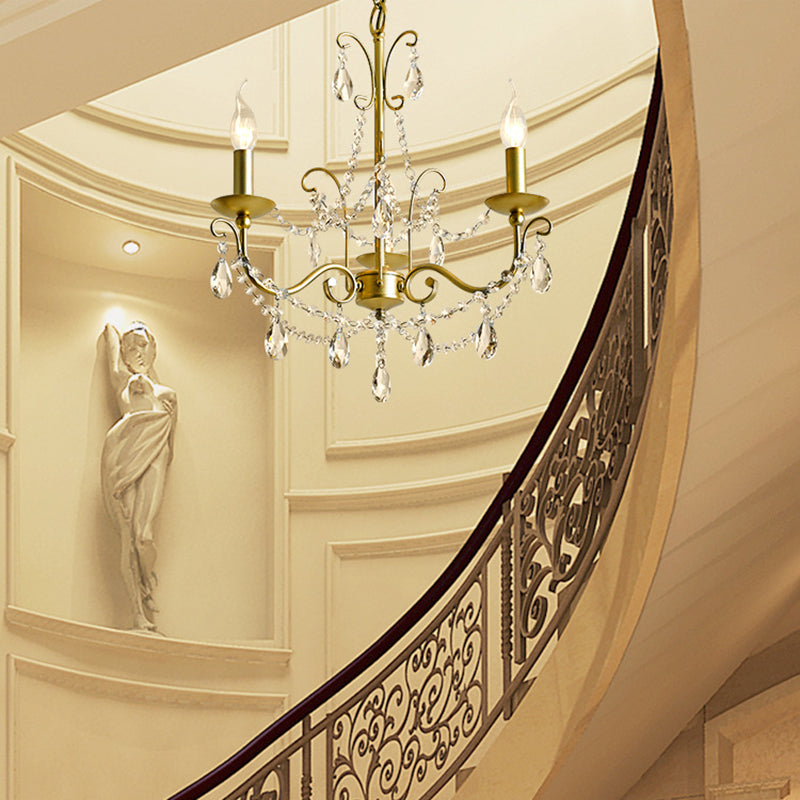 Vintage Style Bare Bulb Chandelier Pendant Light Metallic 3/6 Heads Hanging Lamp with Clear Crystal in Gold Finish