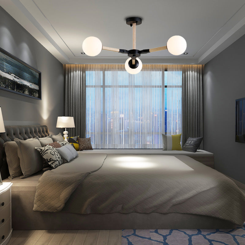 Weiß/schwarz/goldener Zweig Kronleuchter Beleuchtung zeitgenössischer 3/6/9 Lichter Holzhänge Deckenlampe mit weißem Glas Globaler Schatten