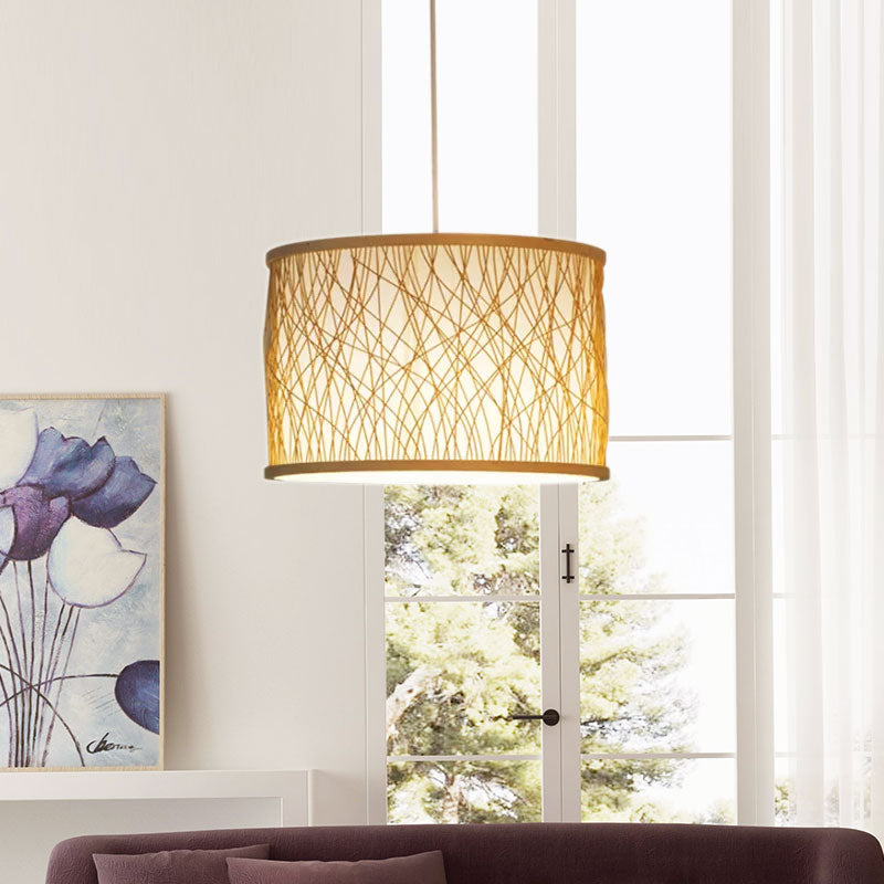 Japanese 1-Light Pendant Light Fixture with Hand-Woven Bamboo Beige Drum Shade Hanging Lamp for Restaurant
