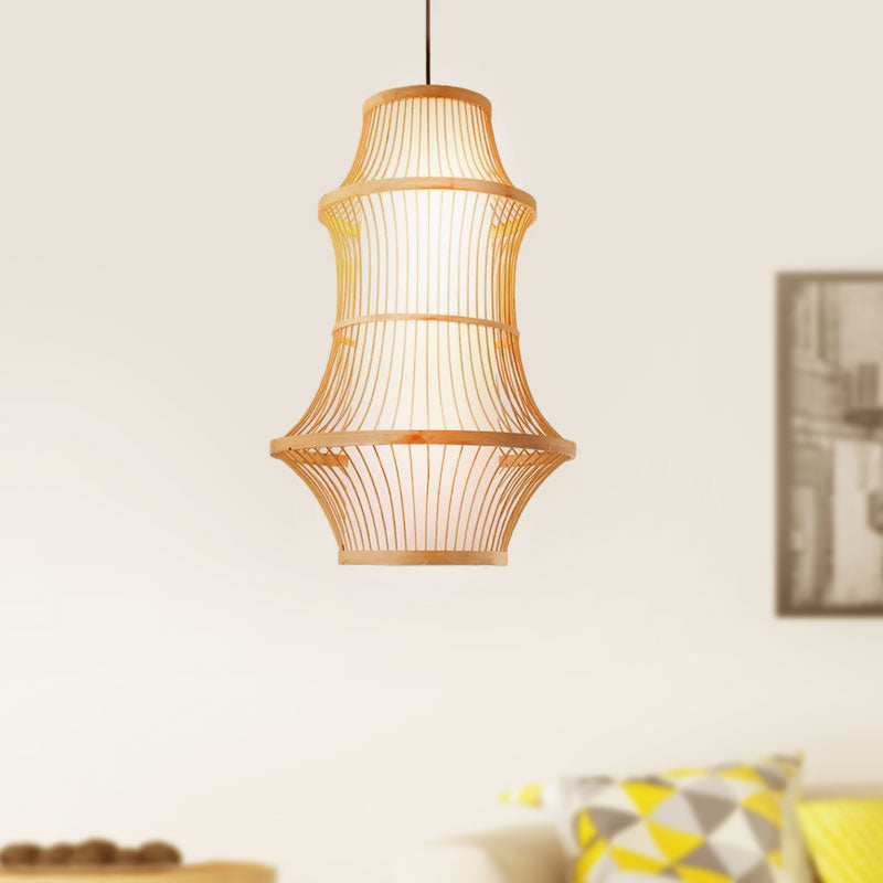 1 helles Restaurant hängend Licht mit käfigähnlichem Bambusschatten modernistischer beige Anhängerlampe