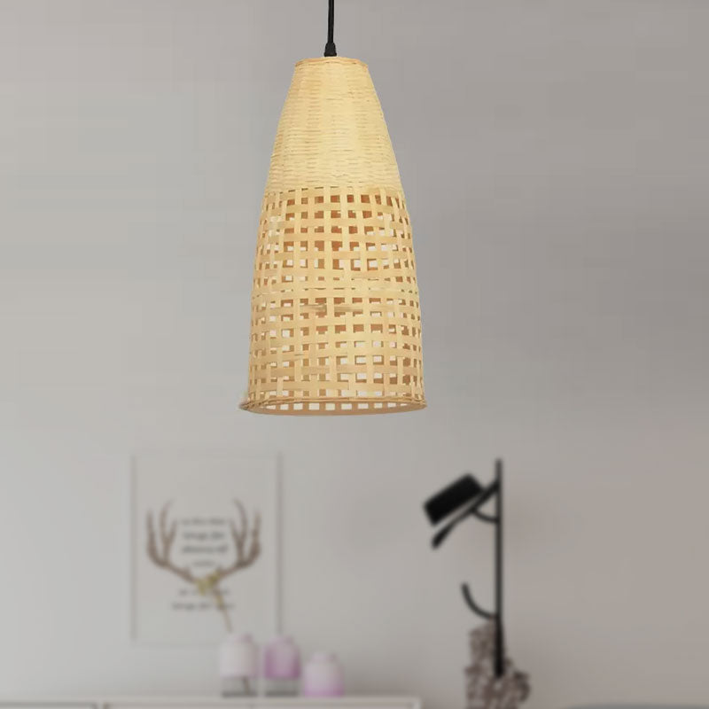 Chinese 1-Bulb Ceiling Pendant Light with Bamboo Shade Beige Elongated Drop Pendant for Restaurant