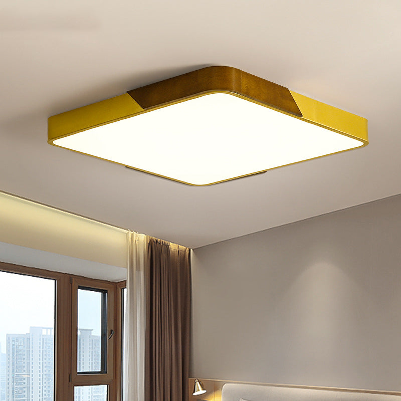 Gold Metal and Wood Flush Ceiling Mount Lamp with Square/Rectangular Acrylic Diffuser Modern LED Ceiling Flush Mount for Bedroom in Warm/White/Neutral, 16"/19.5"/25.5" W