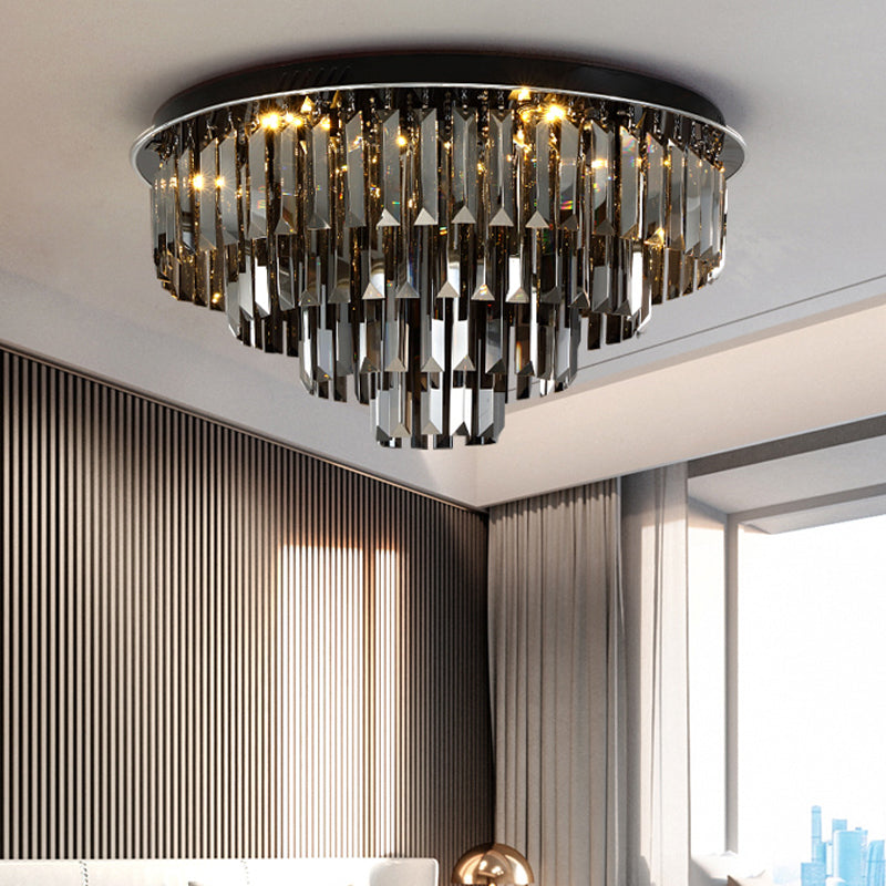 Smoke Gray Layered Ceiling Lamp Contemporary Crystal LED Ceiling Mount Light for Dining Room
