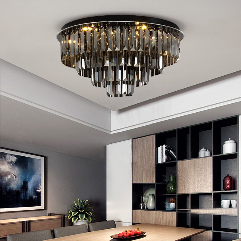 Smoke Gray Layered Ceiling Lamp Contemporary Crystal LED Ceiling Mount Light for Dining Room