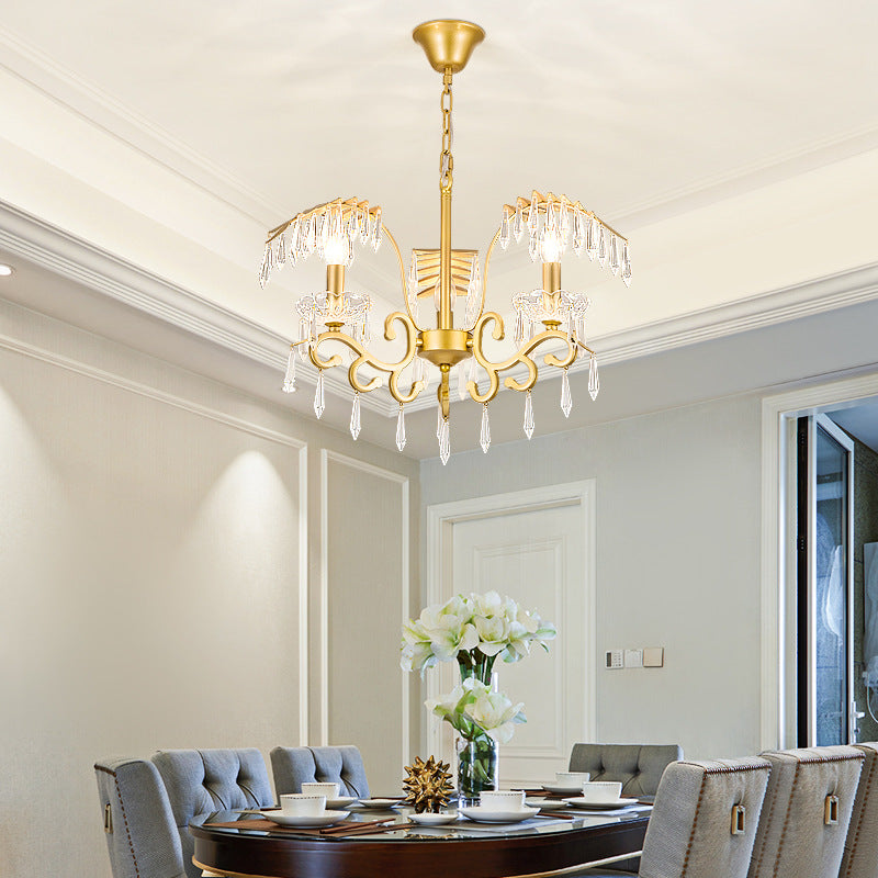 Vintage Style Branch Chandelier Light Fixture Metal and Crystal 3/6/8 Lights Hanging Lamp with Leaf Design in Gold