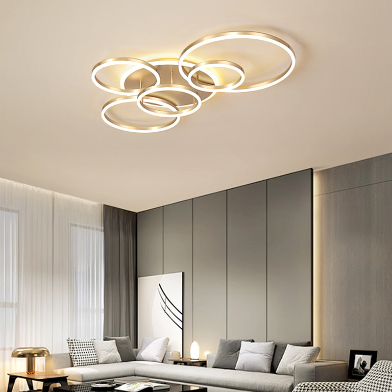 2 Tiers Ring Flush Mount Ceiling Fixture Simple Metal 2/3/5 Lights Gold Bedroom Ceiling Mount Light in Warm/White