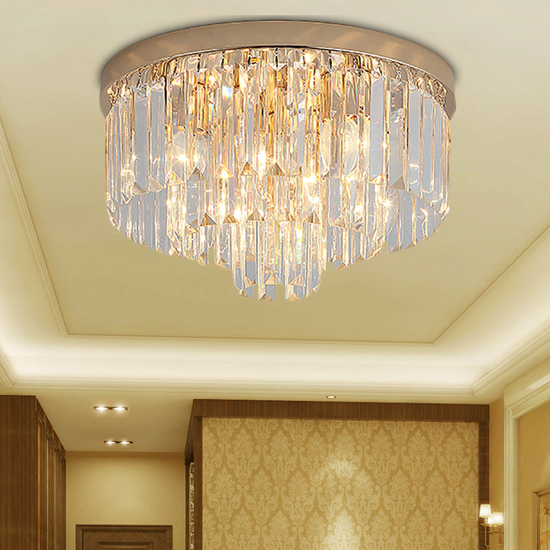 LED Multi Tier Flush Ceiling Light with Clear Crystal Block Vintage Ceiling Lamp in Gold for Bedroom