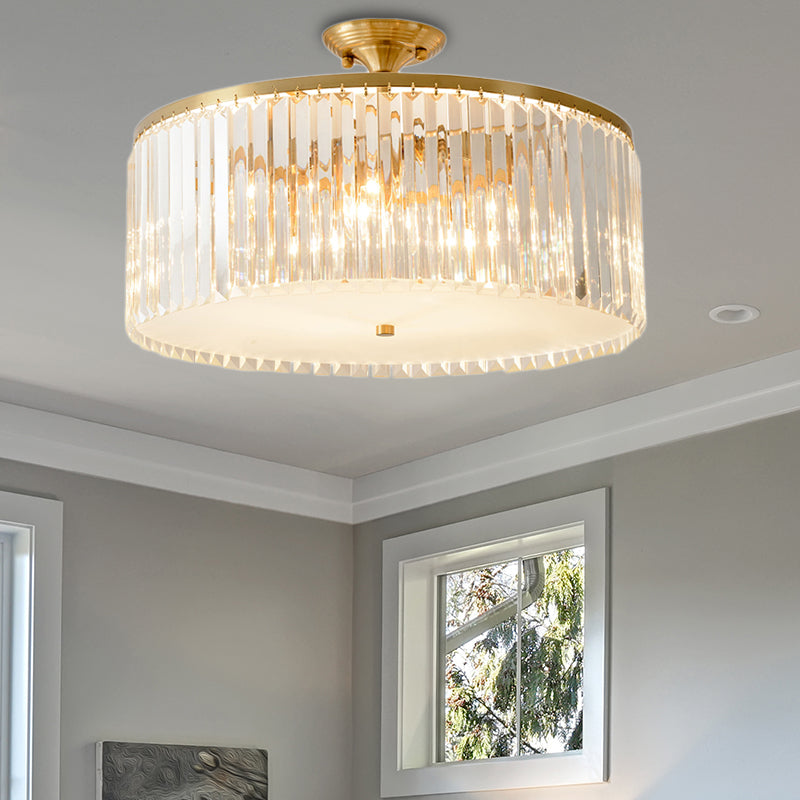 4/5/6 Bulbs Drum Semi Flush Ceiling Light Modern Clear Crystal Ceiling Lamp in Gold for Living Room
