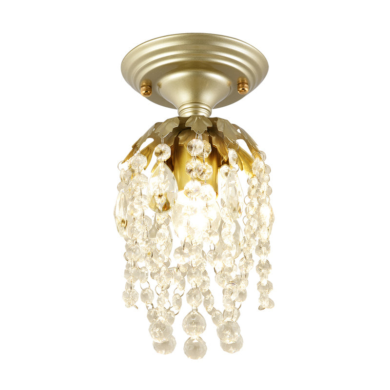Brass Finish Mini Ceiling Light Modern Metal 1 Light Semi-Flush Light with Crystal Bead for Corridor
