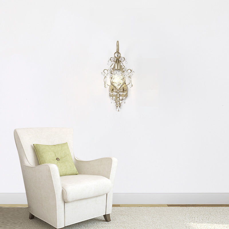 Clear Crystal Beaded Strand Wall Lamp Vintage Style 1 Bulb Sconce Light Fixture with Curved Arm in Champagne
