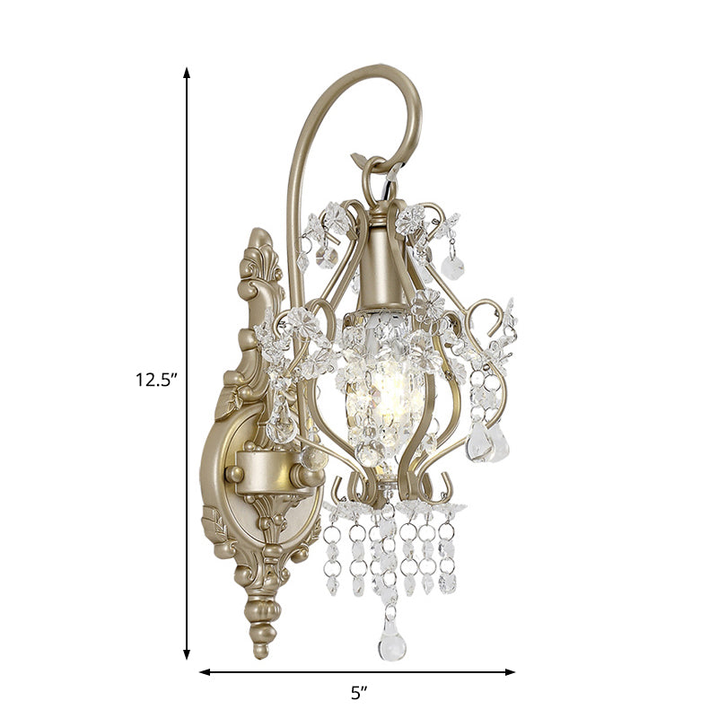 Clear Crystal Beaded Strand Wall Lamp Vintage Style 1 Bulb Sconce Light Fixture with Curved Arm in Champagne