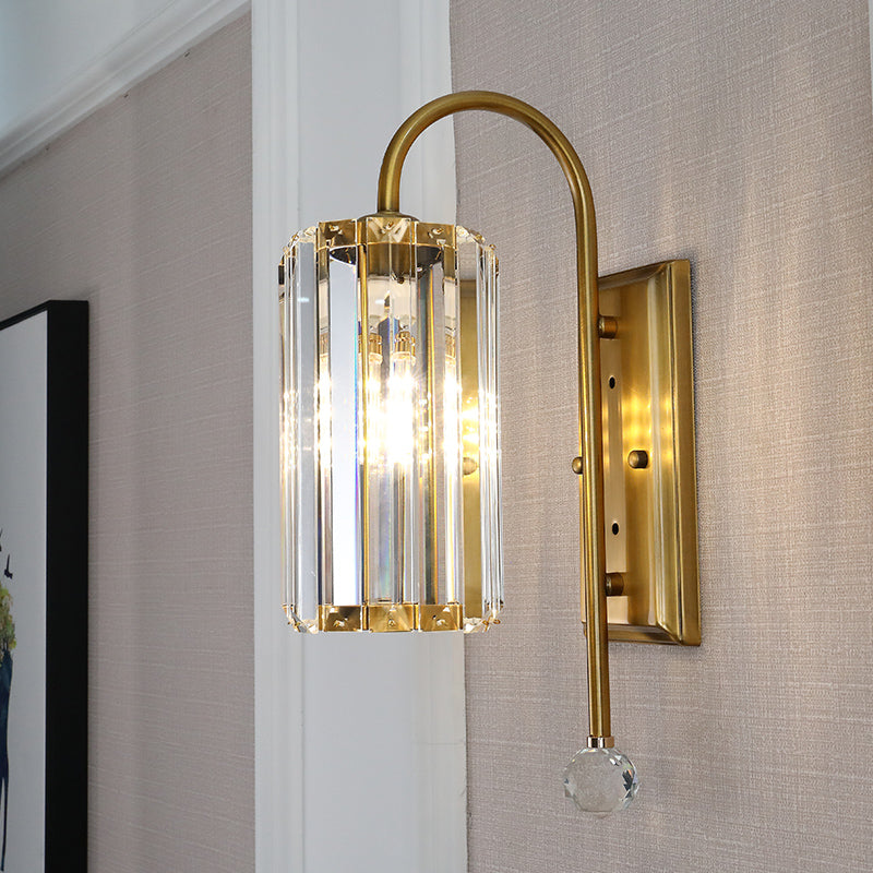 Cylindrical Clear Crystal Wall Light Vintage 1/2-Bulb Wall Sconce Light with Metal Gooseneck Arm in Gold