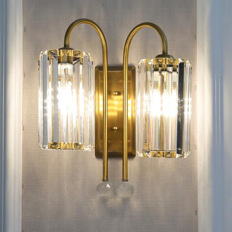Cylindrical Clear Crystal Wall Light Vintage 1/2-Bulb Wall Sconce Light with Metal Gooseneck Arm in Gold