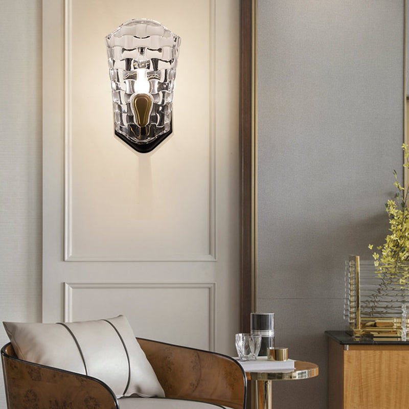 Modernistische zwarte wandlicht metaal gebogen arm 1 lichte sconce verlichtingsarmatuur met helder kristallen paneel