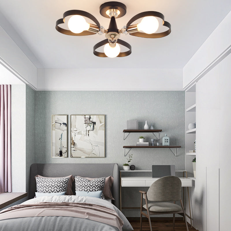 3/6 Heads Heart Shade Semi Flush Mount Light Modern Metal Ceiling Lamp with Clear Crystal Ball in Black