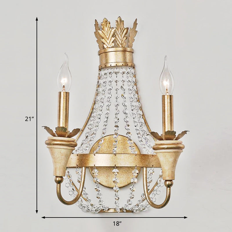 2 lichten Empire Wall Light Vintage Style Metalen wandlamp met heldere kristallen kraal in champagne -afwerking