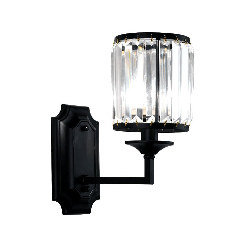 Metallic Cylinder Wall Lamp Fixture Modern 1 Light Wall Sconce with Clear Crystal Prism in Black for Corridor