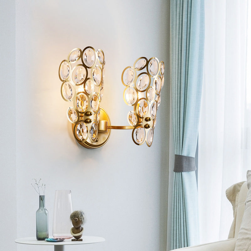 Circles Wall Sconce Light Modern Metal 2 Lights Wall Mounted Lamp with Clear Crystal Deco in Gold for Bedroom