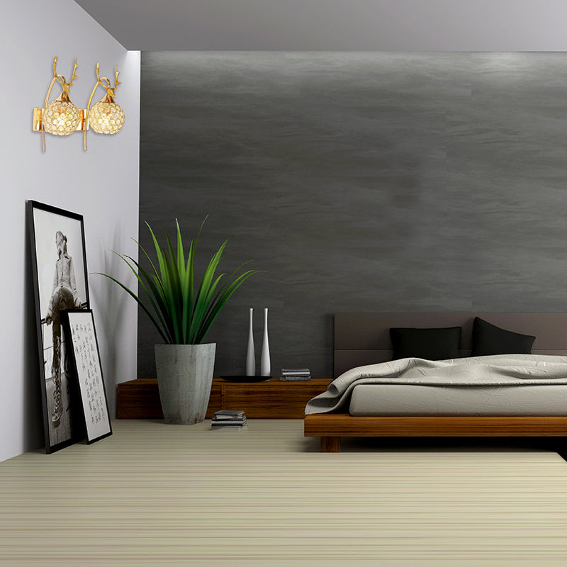 Metal Deer Head Wall Sconce Lodge Style 1/2-Bulb Wall Mount Light with Crystal Dome Shade in Chrome/Gold