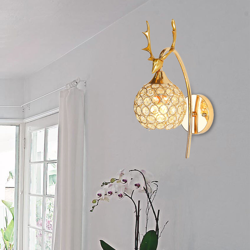 Metalen herten hoofdwand SCONCE LODE STYLE 1/2-BULB wandmontage Licht met kristalkoepelschaduw in chroom/goud