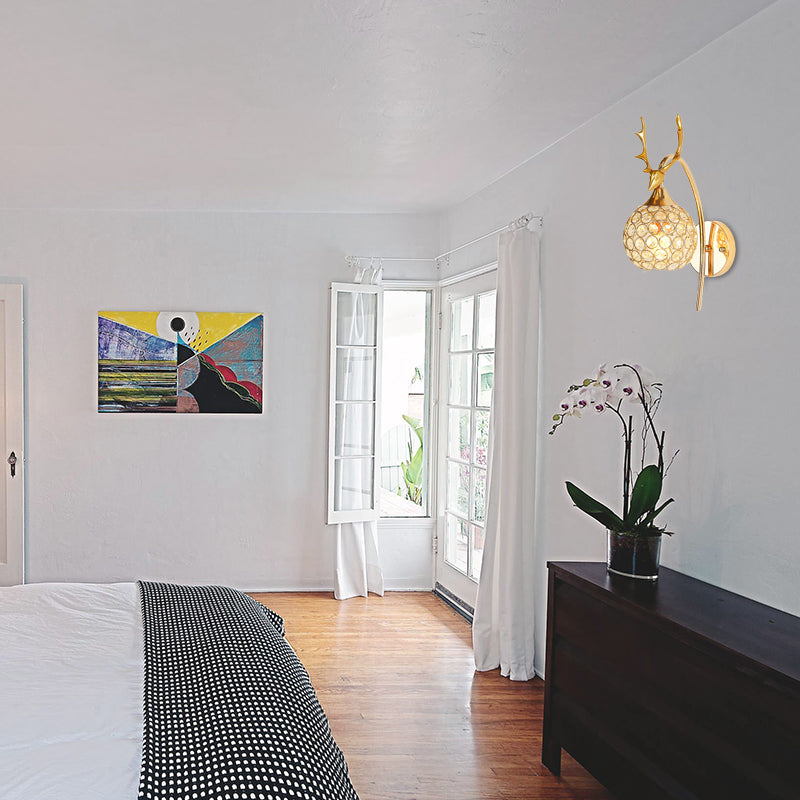 Metalen herten hoofdwand SCONCE LODE STYLE 1/2-BULB wandmontage Licht met kristalkoepelschaduw in chroom/goud