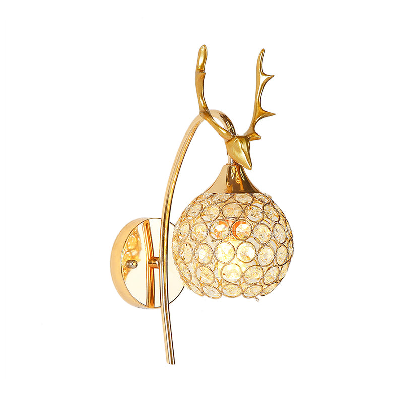 Metal Deer Head Wall Sconce Lodge Style 1/2-Bulb Wall Mount Light with Crystal Dome Shade in Chrome/Gold