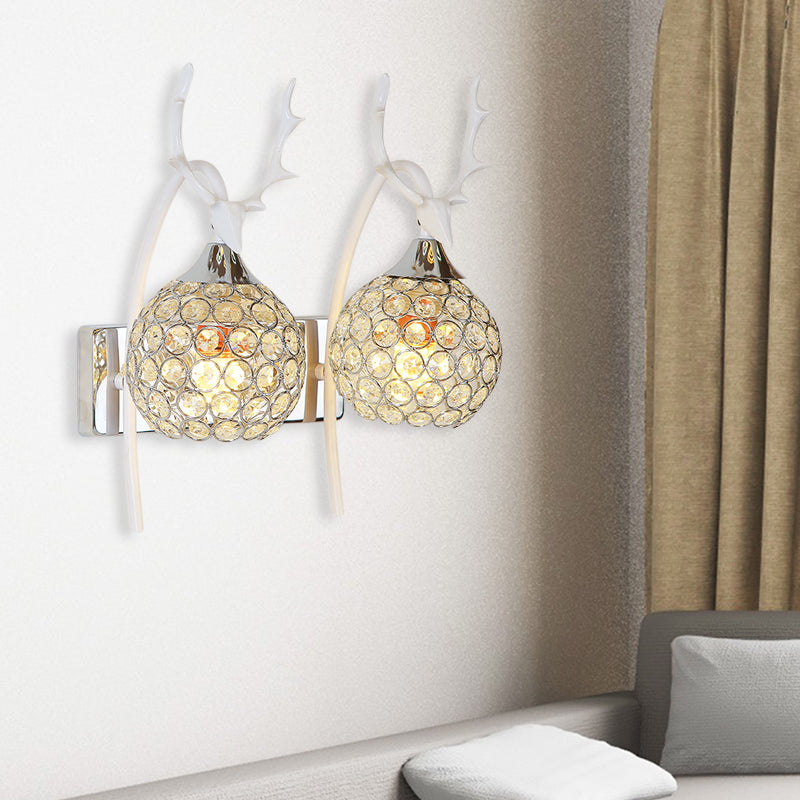 Metal Deer Head Wall Sconce Lodge Style 1/2-Bulb Wall Mount Light with Crystal Dome Shade in Chrome/Gold