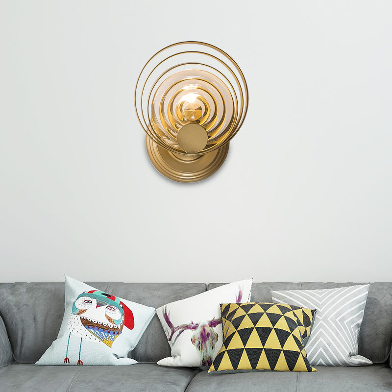 Metallic Circular Wall Light Modern 1/2-Light Wall Lamp Fixture with Ripple Glass Shade in Gold for Living Room