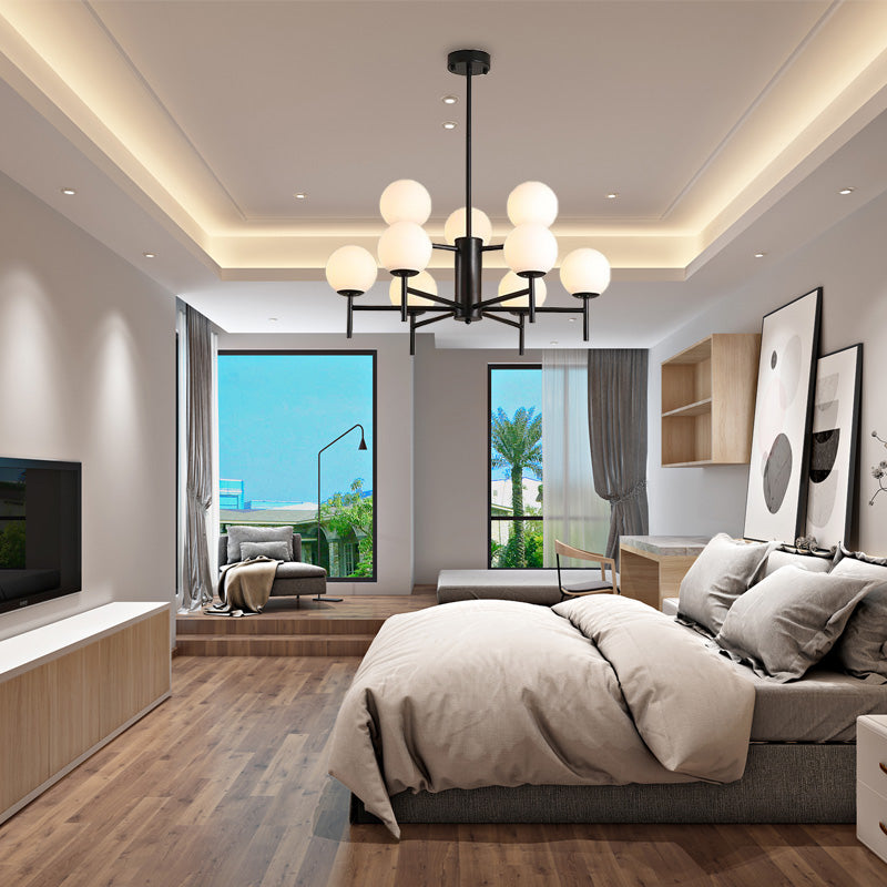 Zwart/gouden globe kroonluchter verlichting met radiaal ontwerp eigentijds 6/8/9 lichten melkglas kroonluchter hangende lamp