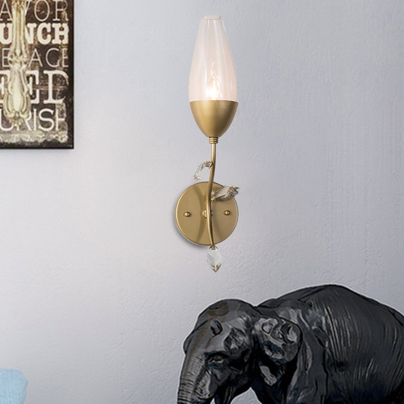 1/2-Bulb Mini Wall Lighting Modern Metallic Sconce Light with Crystal Leaf Design in Gold Finish for Bedroom
