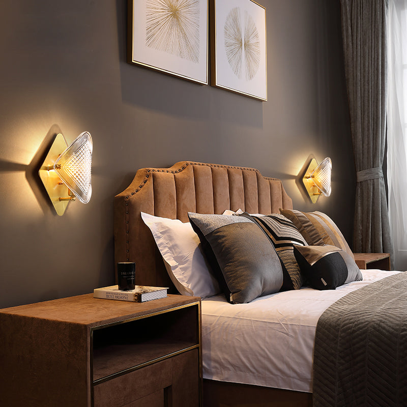 1 Bulb Rhombus Wall Light Fixture Modern Stylish Metal and Clear Crystal Sconce Lamp in Brass Finish