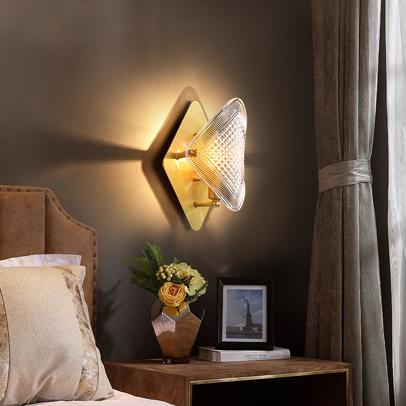 1 Bulb Rhombus Wall Light Fixture Modern Stylish Metal and Clear Crystal Sconce Lamp in Brass Finish