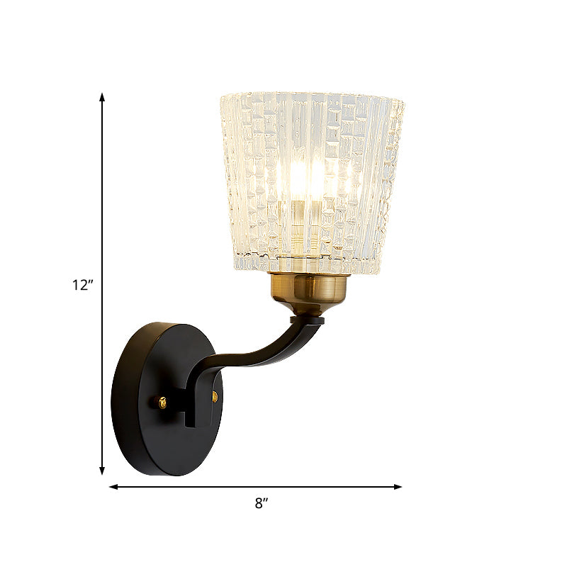 1 illuminazione a parete conica leggera Modern Metal Sconce Light con tonalità di vetro strutturata in finitura nera