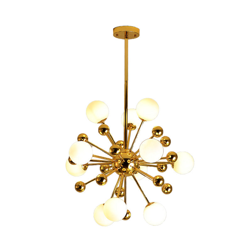 Designer Starburst Metal Chandelier Multi Lights Gold Ceiling Pendant Lamp with White Glass Ball Shade, 23.5"/31.5"/39" Wide