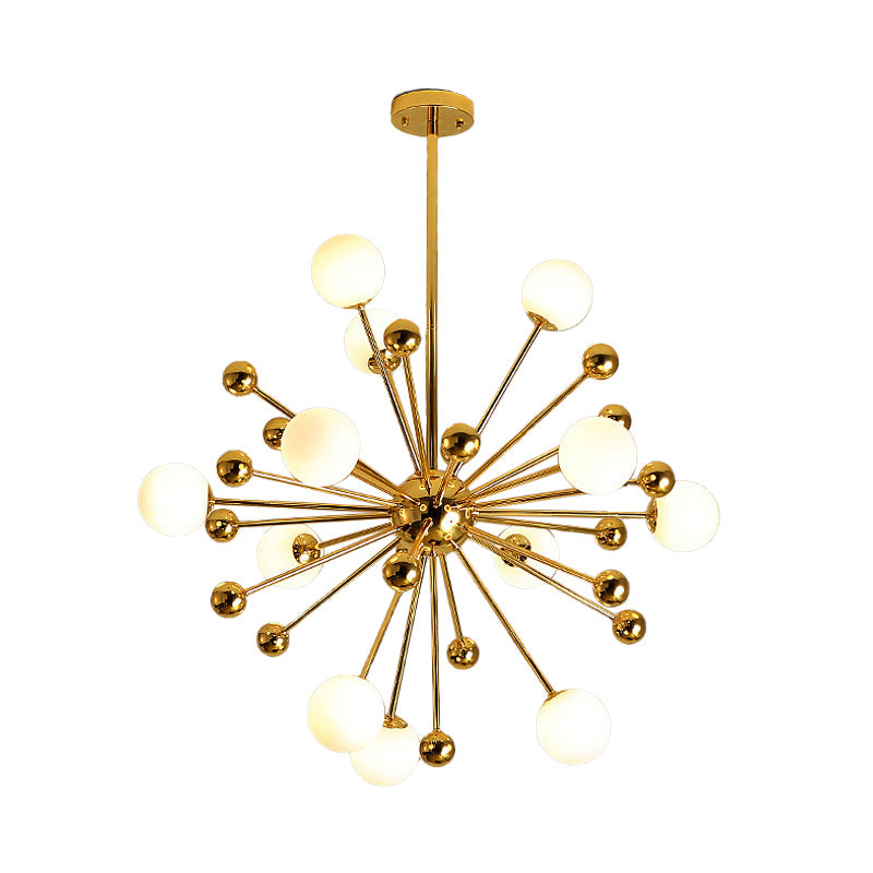 Designer Starburst Metal Chandelier Multi Lights Gold Ceiling Pendant Lamp with White Glass Ball Shade, 23.5"/31.5"/39" Wide