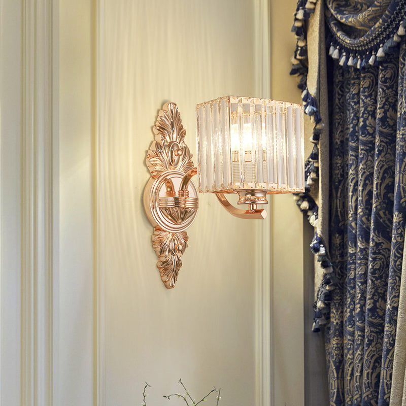 1 Light Square Wall Mount Light Contemporary Clear Crystal and Metal Wall Sconce with Carved Backplate in Rose Gold