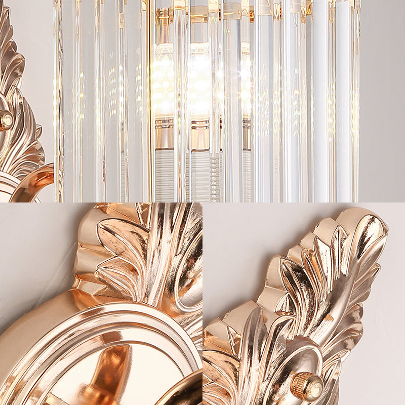 1 Light Square Wall Mount Light Contemporary Clear Crystal and Metal Wall Sconce with Carved Backplate in Rose Gold