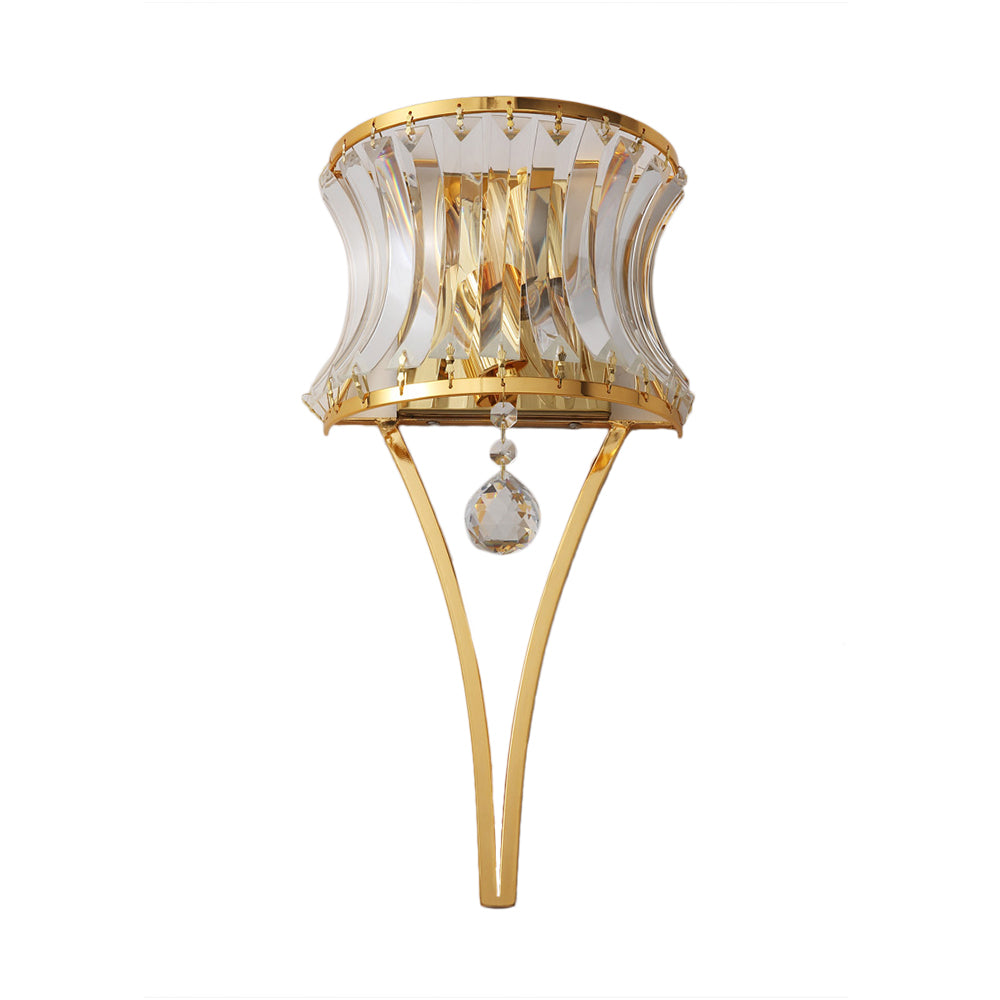 Curved Drum Metal Wall Light Vintage Style Golden 2 Lights Sconce Lamp with Clear Crystal Prism