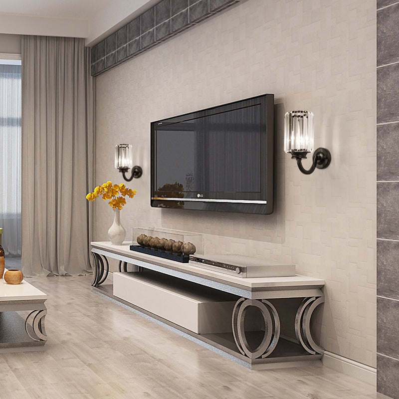 Clear Crystal Drum Wall Lamp Modernist 1 Light Sconce Light Fixture with Metal Curved Arm in Black