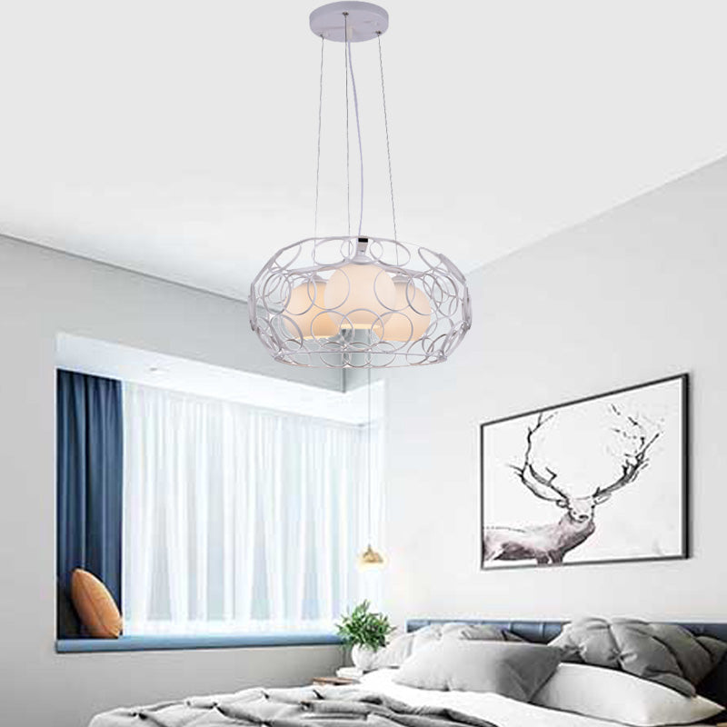 Ball White Glass Chandelier Lighting Contemporary 3 Lights White/Black Hanging Ceiling Lamp with Cage Design
