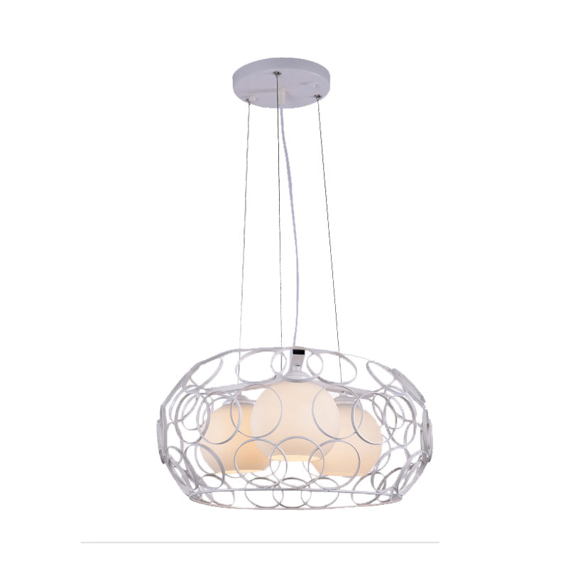 Ball White Glass Chandelier Lighting Contemporary 3 Lights White/Black Hanging Ceiling Lamp with Cage Design