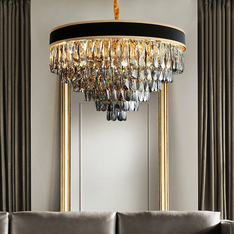 Layered Chandelier Lighting Modern Style Crystal 9/12 Lights Hanging Light Fixture in Smoke Grey