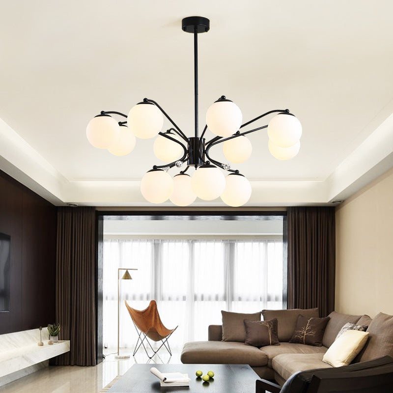 White Glass Ball Chandelier Modern 3/5/9 Lights Hanging Ceiling Fixture in Black with Curved Arm