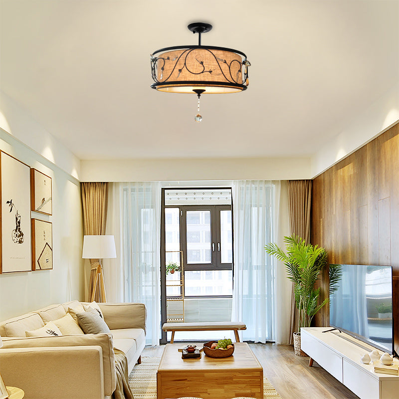 Vintage Drum Semi Flush Light Stoff und metallische Deckenleuchte im schwarzen Finish für Wohnzimmer