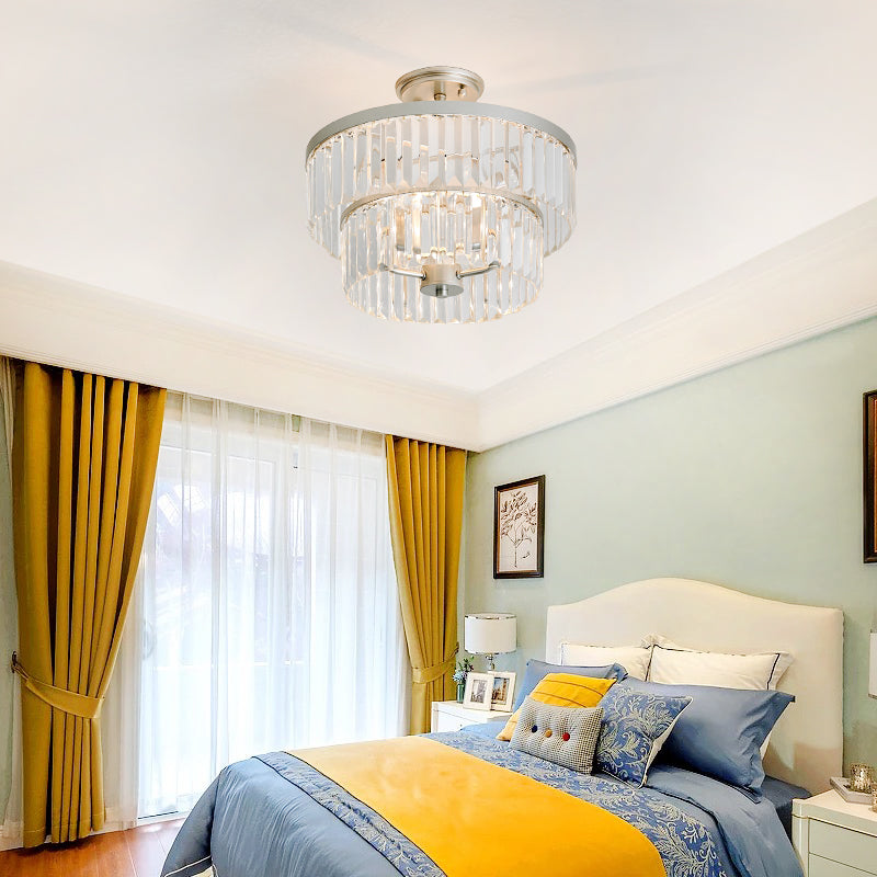 2 Stufen rund semi montieren leichter Vintage -Stil klarer Kristall- und Metall -Halbflächen -Deckenlampe in Silber