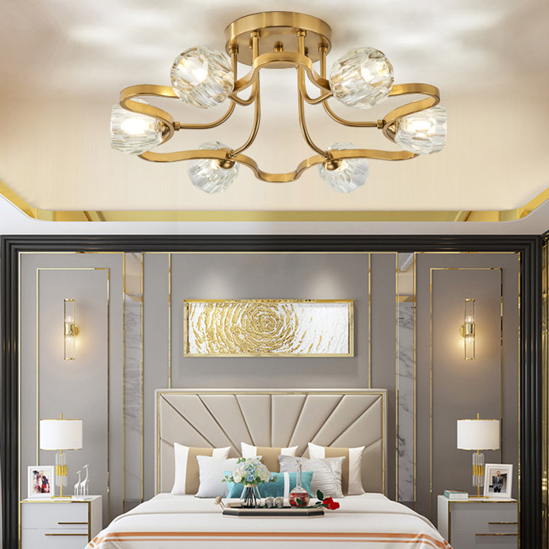 Iluminación semi rascilla de metal dorado domo vintage 3/6 luces semi luz de montaje con sombra de cristal transparente