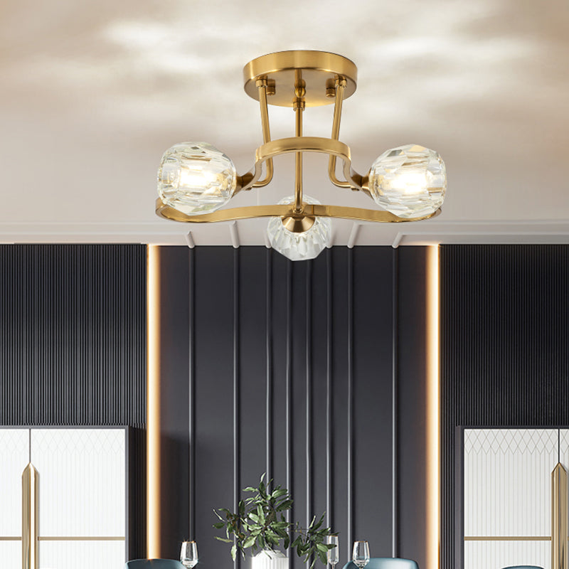 Golden Metal Semi Flush Lighting Vintage Dome 3/6 Lichter Halbflush -Montierung Licht mit klarem Kristallschatten