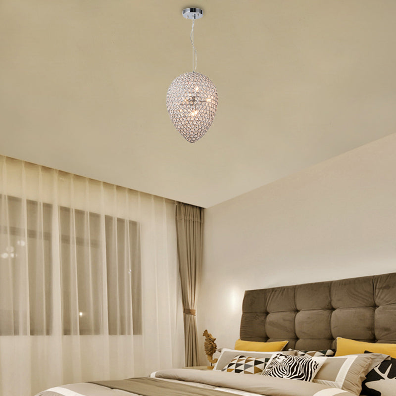Chrome Finish Beaded Pendant Lighting with Teardrop Shade Modern Clear Crystal Multi Light Chandelier Lamp