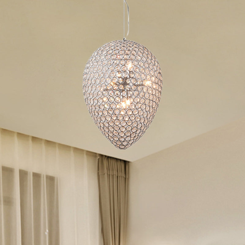 Chrome Finish Beaded Pendant Lighting with Teardrop Shade Modern Clear Crystal Multi Light Chandelier Lamp